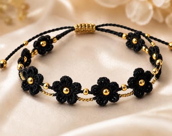 Black Flower Crochet Bracelet Pattern PDF, Daisy Bracelet Tutorial, Black Gold Floral Jewelry, Friendship Bracelet Pattern, Instant Download