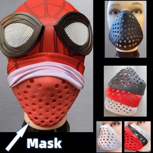 May include: A red fabric mask featuring a spider-web pattern, large white mesh eye lenses, and a detachable red silicone insert with circular ventilation holes. The set includes additional silicone inserts in black, red, and white color options.