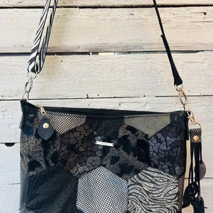 Handmade black patchwork leather bag – unique shoulder bag – crossbody – animal print – sustainable leftover leather