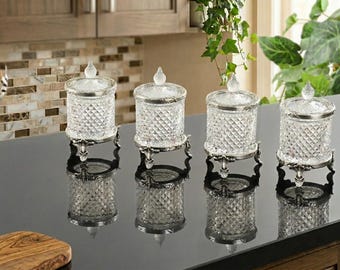 Juego de 4 tarros de cristal decorativos para especias con detalles metálicos – 200 ml. Almacenamiento de cocina.