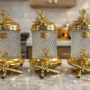 Luxury Gold Glass Canister Set of 3 - Elegant Kitchen Decor & Embossed Spice Jars