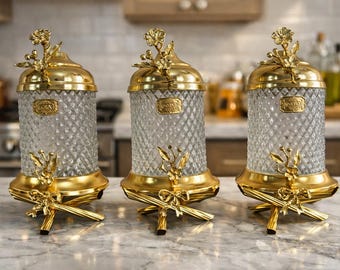 Luxus Gold Glas Kanister 3er-Set - Elegantes Küchen Dekor & geprägte Gewürzgläser