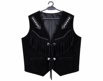 Men Native American Western Style Handmade Suede Leather Fringe Vest Beaded