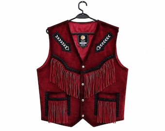 Heren Native American Western-stijl handgemaakt suèdeleren vest met franjes en kralen
