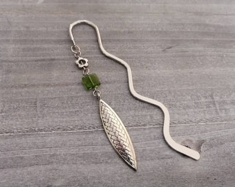 Feather Bookmark, Flower Bookmark, Floral Bookmark, Green Bookmark, Silver Bookmark, Metal Bookmark, Gift For Her, Teacher Gift