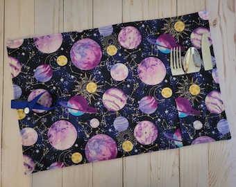 Placemat For Lunch Box, For Lunch, Cotton Napperon, For lunch, At Work, Rolled Napperon, Ustencil Pocket, Galaxy placemat, Gift for Teacher