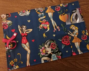 Placemat For Lunch Box, For Lunch, Cotton Napperon, For lunch, At Work, Rolled Napperon, Utencil Pocket, Retro Placemat, Gift for Teacher