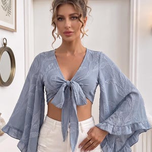 Bohemian Wicker-Texture Flare-Sleeve Top – Chic Hippie-Festival Ruffle Blouse – Modern Feminine Statement Essential – Trendy Textural Summer