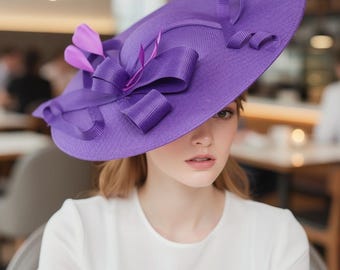 Purple Bow Fascinator Hat | Wide Brim Derby Headpiece, Wedding Guest Hat