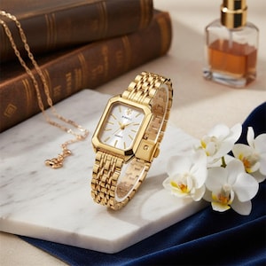 Rectangular Gold Watch | Women's Link Bracelet Wristwatch | Elegant Quartz Timepiece