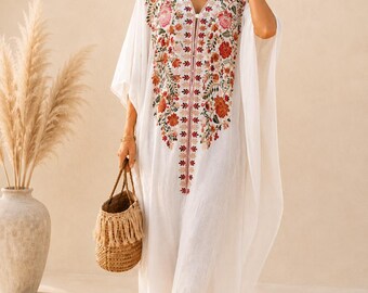 Embroidered White Caftan for Women | Bohemian Beach Coverup | Flowy Maxi Kaftan Dress