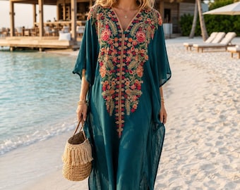 Teal Embroidered Kaftan Dress | Boho Beach Summer Cover Up, Resort Wear