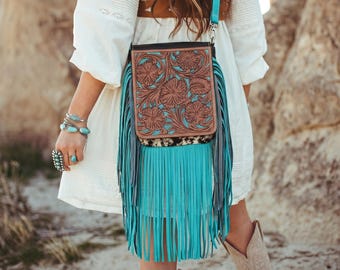 Türkis punziert Leder Umhängetasche, handgefertigte Western Boho Schulter Geldbörse Geschenk voll und ganz