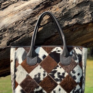 Patchwork Cowhide Leather Tote Purse For Ladies , Womens Top Hand Handbag , Gift For her Gift for mom Gifte Fully