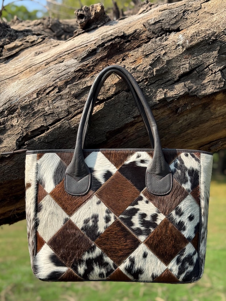 Patchwork Cowhide Leather Tote Purse For Ladies , Womens Top Hand Handbag , Gift For her Gift for mom Gifte Fully