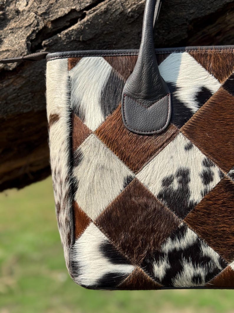 Patchwork Cowhide Leather Tote Purse For Ladies , Womens Top Hand Handbag , Gift For her Gift for mom Gifte Fully
