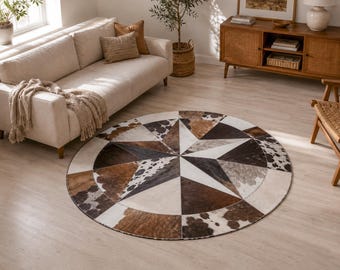 Tapete patchwork de couro bovino, padrão redondo em forma de estrela, preto, branco e marrom, feito à mão com pelo, tapete rústico moderno, tamanhos personalizados.