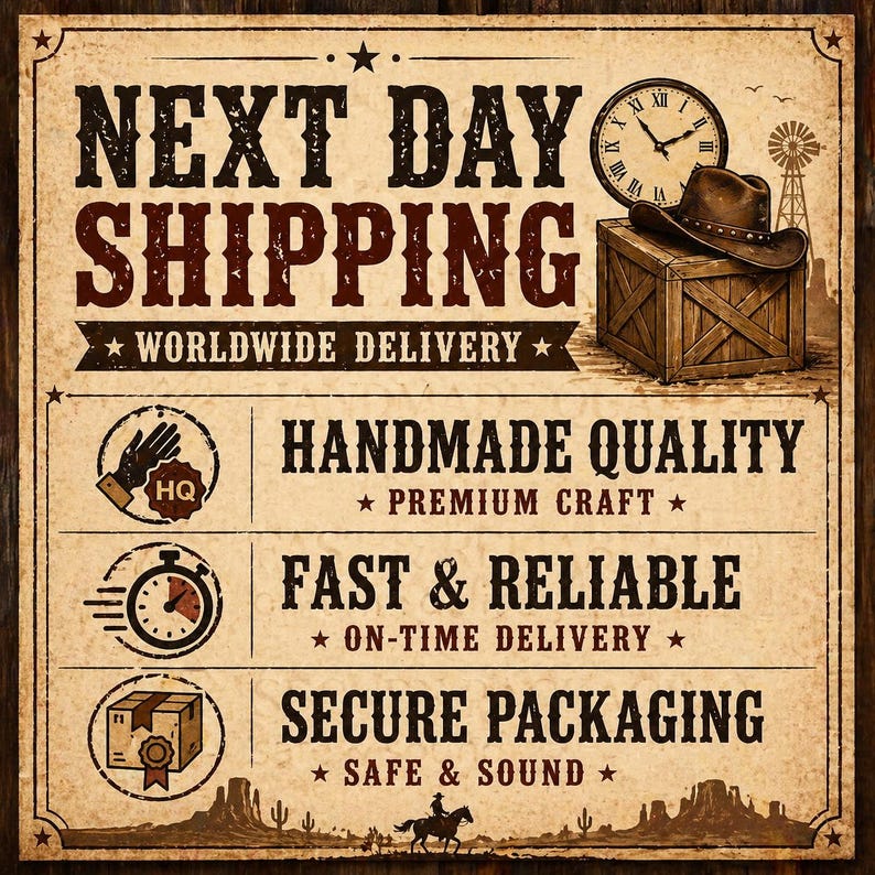 K&ouml;nnte beinhalten: Ein Vintage-Schild mit den Worten "NEXT DAY SHIPPING" in gro&szlig;en, dunkelbraunen Buchstaben. Der Text enth&auml;lt auch die S&auml;tze "WORLDWIDE DELIVERY", "HANDMADE QUALITY", "FAST & RELIABLE" und "SECURE PACKAGING". Ein Cowboyhut liegt auf einer Holzkiste.