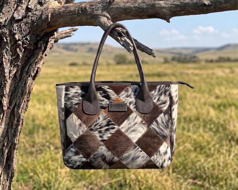 Patchwork Cowhide Leather Tote Purse For Ladies , Womens Top Hand Handbag , Gift For her Gift for mom Gifte Fully