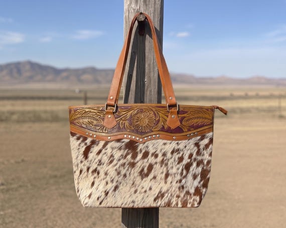 Cowhide Leather Tote Bag for Women, Hand Tooled Floral Western Handbag, Cow Print Shoulder Bag, Boho Leather Tote, Gift for Her Gifte Fully