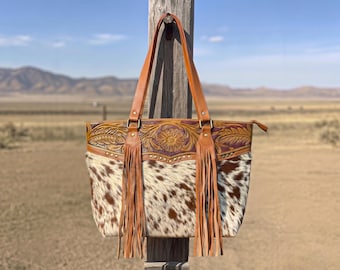 Rindsleder Einkaufstasche für Frauen, Hand punzierte Blumen Fransen Taschen, Boho Western Handtasche, Kuh Print Schultertasche, Geschenk für sie