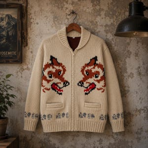 Puede incluir: Una chaqueta de punto beige con cremallera, cuello chal y dos bolsillos delanteros. La prenda presenta dos gráficos simétricos de cabezas de zorro en naranja, blanco y negro, con detalles rojos en las bocas, y un patrón gris en el dobladillo.