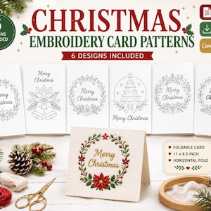 May include: A set of six Christmas embroidery card patterns featuring line art designs of wreaths, a tree, and bells with the text Merry Christmas. Includes a sample card with a stitched wreath and poinsettia, embroidery floss, and scissors.
