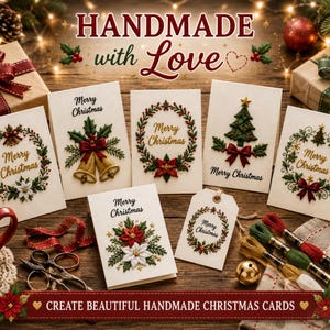 Christmas Card Embroidery Sewing Templates, DIY Paper Embroidery Card Patterns, Hand Embroidered Christmas Card, Digital Download