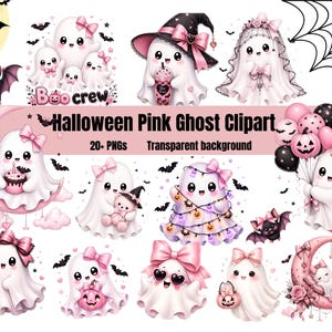 Pink Ghost Halloween Clipart Bundle | Cute Coquette Ghost PNG | Kawaii Halloween Clipart | Pastel Halloween PNG | 20 PNGs