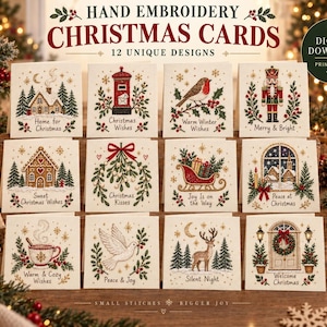 Puede incluir: Una colección de doce patrones de bordado a mano para tarjetas de Navidad con motivos festivos como una casa de jengibre, un cascanueces, un petirrojo, un trineo y un ciervo, cada uno con texto navideño y elementos botánicos decorativos.