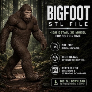 Op de afbeelding: Een digitaal 3D-model van een bruin, met vacht bedekt Bigfoot-wezen dat op een bospad loopt. De tekst luidt BIGFOOT STL FILE, HIGH DETAIL 3D MODEL FOR 3D PRINTING, STL FILE DIGITAL DOWNLOAD, HIGH DETAIL OPTIMIZED FOR PRINTING en DIGITAL DOWNLOAD.