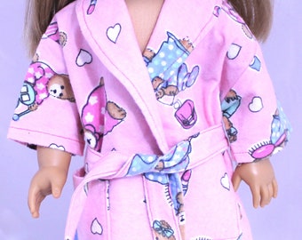 Flannel Robe for 18" doll.  Ag style.   Pink print  with tie at waist and pockets  Handmade