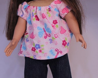 Peasant blouse with trendy jeans  and shoes   for 18 inch AG style doll  Handmade