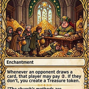 May include: A fantasy card titled "Smothering Tithe" with a gold border. The illustration depicts a church scene with figures and piles of gold coins. Text on the card describes the game mechanics and a quote about unconventional methods.