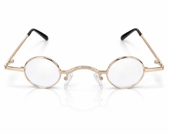 May include: Round eyeglasses featuring a thin, polished gold-tone metal frame with clear lenses. The design includes a high-arched bridge, adjustable nose pads, and slender temples that terminate in black plastic tips for a secure fit.