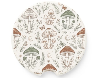 Posavasos de esteatita con diseño de setas dibujadas a mano / Arte de atardecer en el bosque, inserto absorbente para portavasos