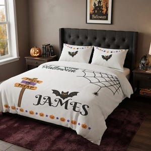 Set di biancheria da letto personalizzato per Halloween, copripiumino con nome personalizzato, set letto con zucche, decorazioni per la camera da letto a tema Halloween, Halloween, regalo di Halloween personalizzato