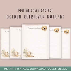 Może przedstawiać: Drukowane notatniki z motywem Golden Retrievera i inspirującymi cytatami. Notatniki są w formacie US Letter i dostępne do natychmiastowego pobrania. Tekst zawiera "Progress, not perfection".