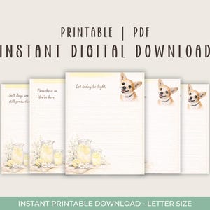 Può includere: Una collezione di fogli di cancelleria PDF stampabili in formato lettera. I fogli presentano illustrazioni ad acquerello di un chihuahua, limoni e limonata. Il testo include "Let today be light", "Soft days are still productive" e "Breathe it in. You're here."