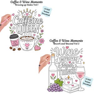 Coffee & Wine Moments Coloring Pages | Complete Collection Vol 1-2 | 30 PDF | Instant Download image 2