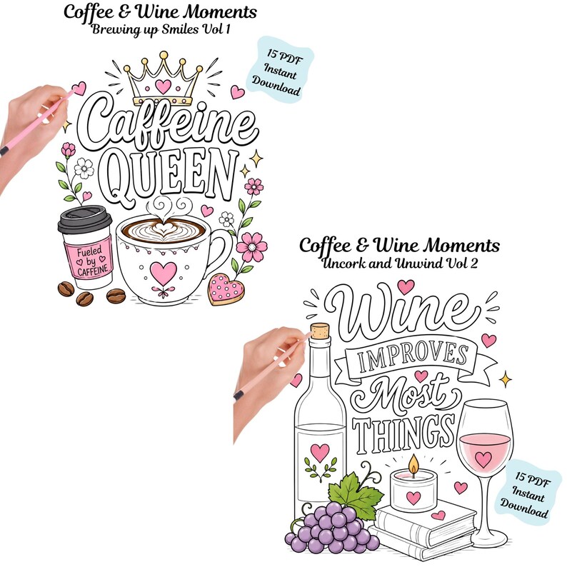Coffee & Wine Moments Coloring Pages | Complete Collection Vol 1-2 | 30 PDF | Instant Download image 2