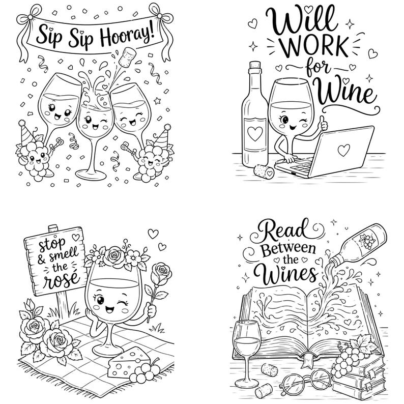 Coffee & Wine Moments Coloring Pages | Complete Collection Vol 1-2 | 30 PDF | Instant Download image 10