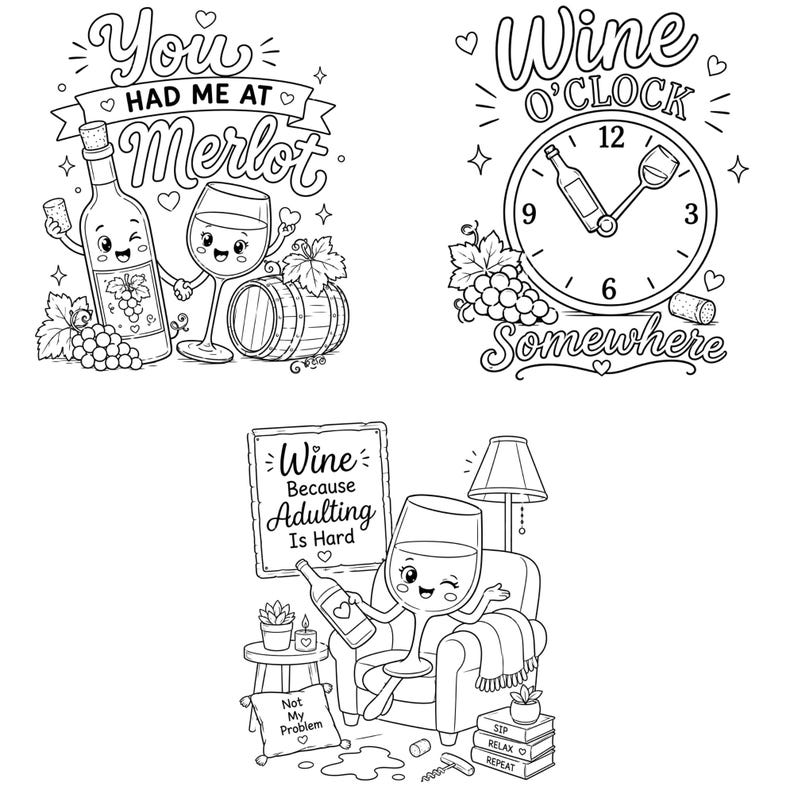 Coffee & Wine Moments Coloring Pages | Complete Collection Vol 1-2 | 30 PDF | Instant Download image 14