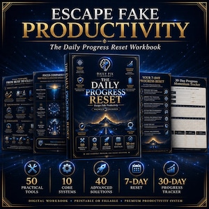 Könnte beinhalten: Ein dunkelblaues Arbeitsbuch mit dem Titel "The Daily Progress Reset" und dem Text "Escape Fake Productivity". Das Cover zeigt ein Logo und die Worte "Daily Fix Academy". Zusätzliche Seiten beschreiben Tools, Systeme und einen 30-Tage-Fortschritts-Tracker. Das Arbeitsbuch ist ein Premium-Produktivitätssystem.