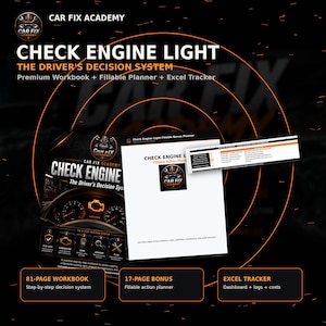 Könnte beinhalten: Car Fix Academy Check Engine Light The Driver's Decision System enthält ein 81-seitiges Arbeitsbuch, einen 17-seitigen ausfüllbaren Aktionsplaner und einen Excel-Tracker. Die Materialien zeigen schwarz-weißen Text mit orangefarbenen Akzenten und Grafiken.