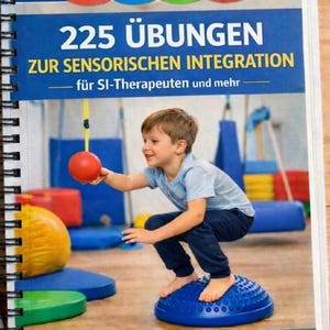 Puede incluir: Un libro titulado "225 Übungen zur sensorischen Integration" con un niño pequeño equilibrándose sobre una plataforma de equilibrio azul. El niño alcanza una pelota roja suspendida. La portada del libro es azul y blanca.
