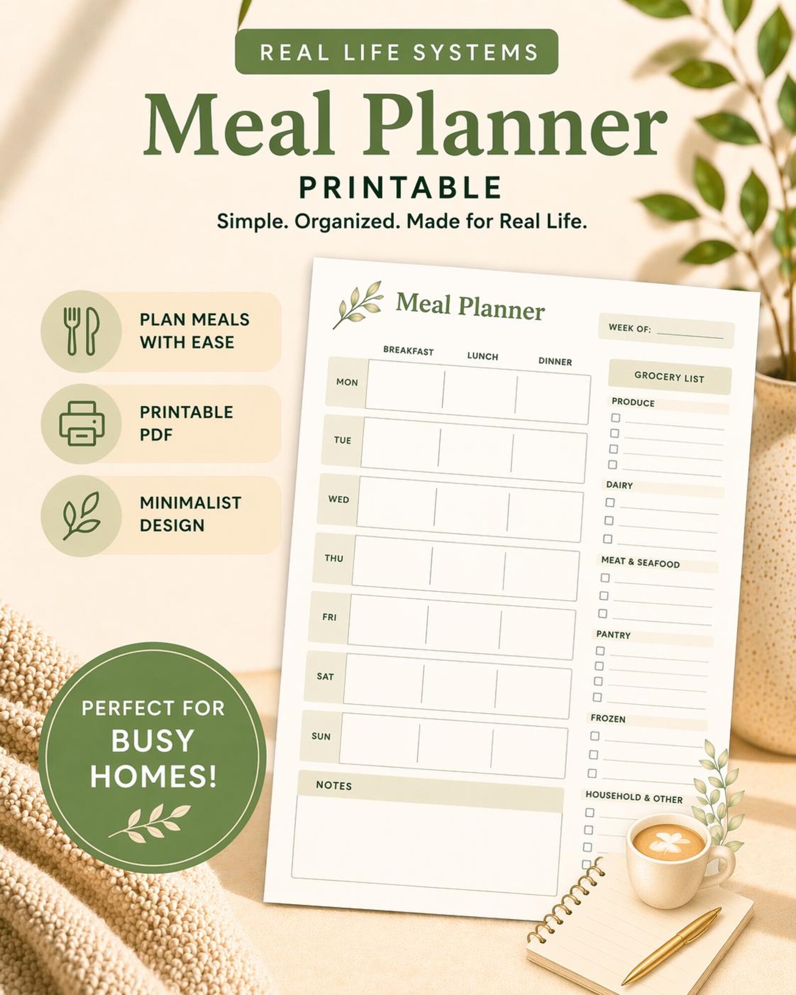 Weekly Meal Planner Printable | Minimalist Grocery List (PDF Download ...
