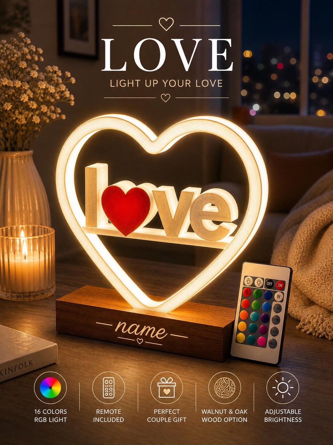 Personalized LED Name Lamp, Walnut Wood Base, RGB Remote Control - Etsy