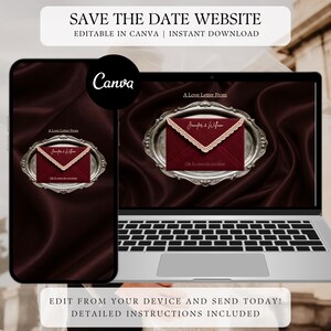 Puede incluir: Una plantilla de sitio web para save the date mostrada en una pantalla de smartphone y portátil. El diseño presenta un sobre color burdeos oscuro con un borde dorado estilo encaje sobre un fondo de satén oscuro, con el texto A Love Letter From y Jennifer & William.