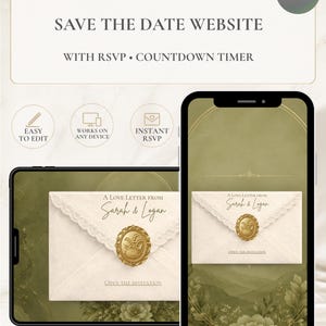Puede incluir: Una plantilla de sitio web digital Save the Date mostrada en una tableta y un teléfono inteligente. El diseño presenta un sobre color blanco hueso con un sello de cera dorado, borde de encaje y el texto A Love Letter From Sarah & Logan, con detalles florales verde oliva.